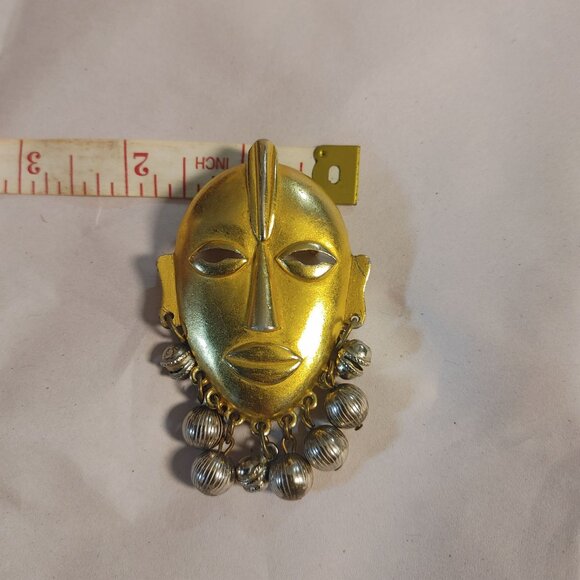 Large Tribal Mask Brooch Pin Mayan Aztec African Vintage Dangling Silver Balls - Picture 6 of 13